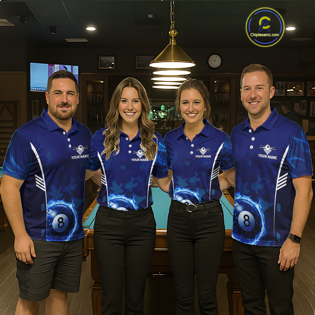 Blue Camouflage Women's Billiard Polo & 1/4 Zip Shirt Custom Flame 8 Ball Billiard Jerseys NYN2359
