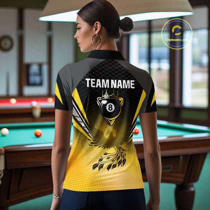 Black And Yellow Crown Pool 8 Ball Women Billiard Shirt Custom Billiard Polo & 1/4 Zip Attire NYN2367