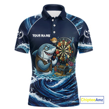 Load image into Gallery viewer, Blue Waving Funny Shark Play Darts Polo &amp; 1/4-Zip Shirt For Men Custom Name Dart Jersey For Darters NYN2977