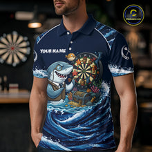 Load image into Gallery viewer, Blue Waving Funny Shark Play Darts Polo &amp; 1/4-Zip Shirt For Men Custom Name Dart Jersey For Darters NYN2977