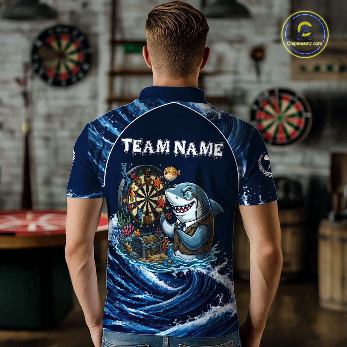 Blue Waving Funny Shark Play Darts Polo & 1/4-Zip Shirt For Men Custom Name Dart Jersey For Darters NYN2977
