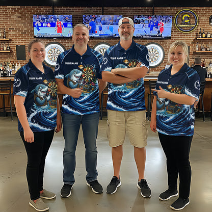 Blue Waving Funny Shark Play Darts Polo & 1/4-Zip Shirt For Men Custom Name Dart Jersey For Darters NYN2977