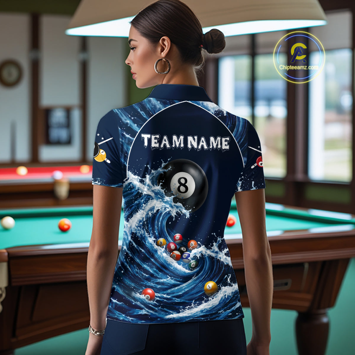 Blue Waving 8 Ball Pool Shirts Custom Billiard Pool Shirts For Women 3D Billiard Team Attire NYN2978