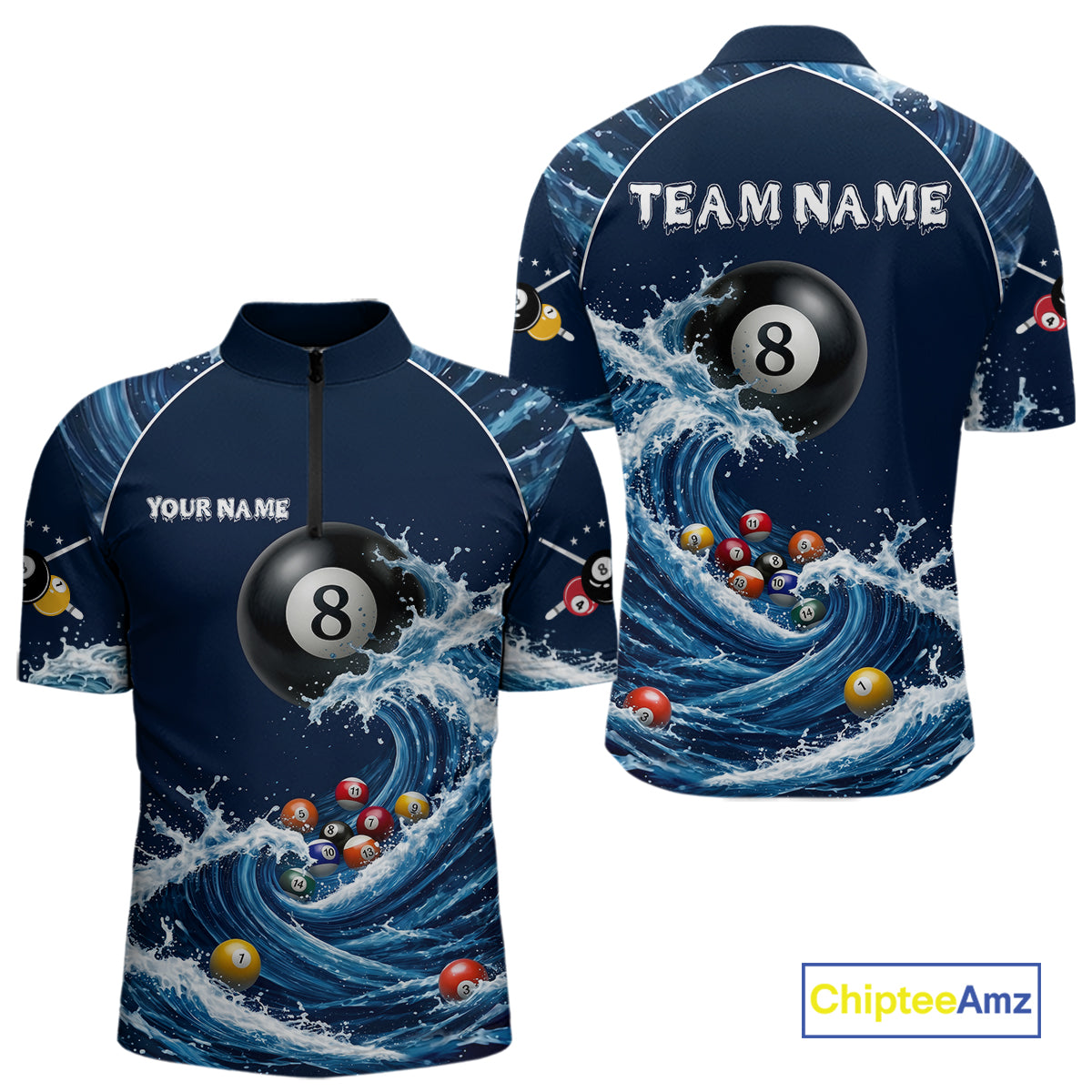 Blue Waving 8 Ball Pool Shirts Custom Billiard Pool Shirts For Men 3D Billiard Team Attire NYN2978
