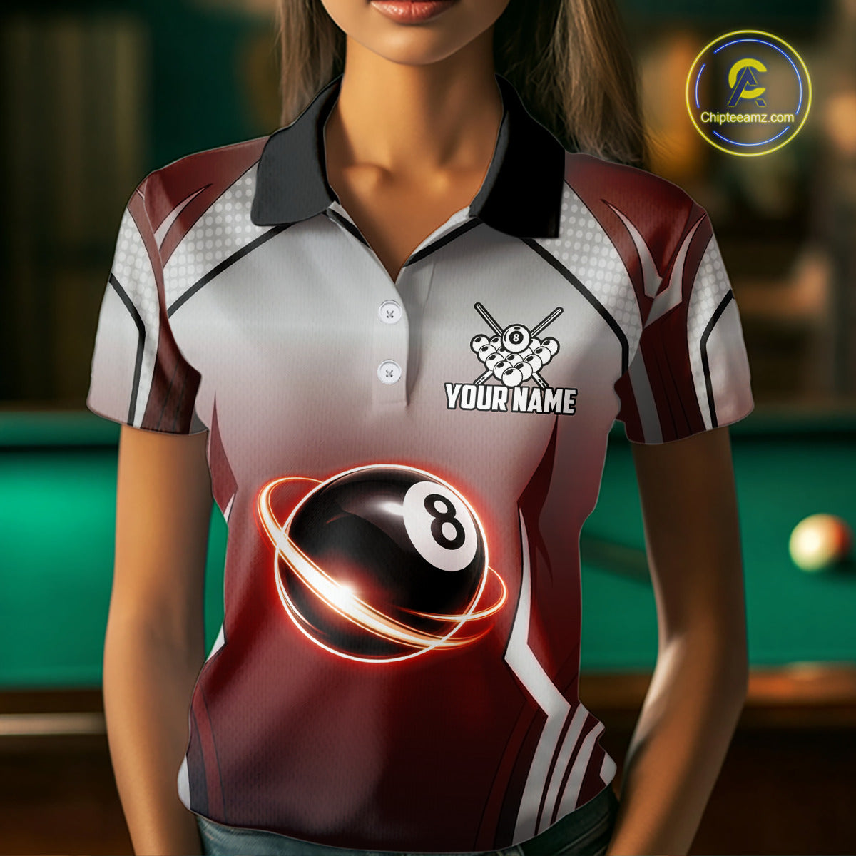 Black And Red 8 Ball Pool Women Billiard Polo & Quarter Zip Shirt Custom 8  Ball Billiard Team Jersey NYN2986