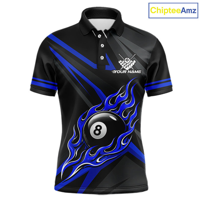 Fire Flame 9 Ball Billiard Team Shirt For Men Custom Black And Blue Pool Billiard Team Jersey NYN3969