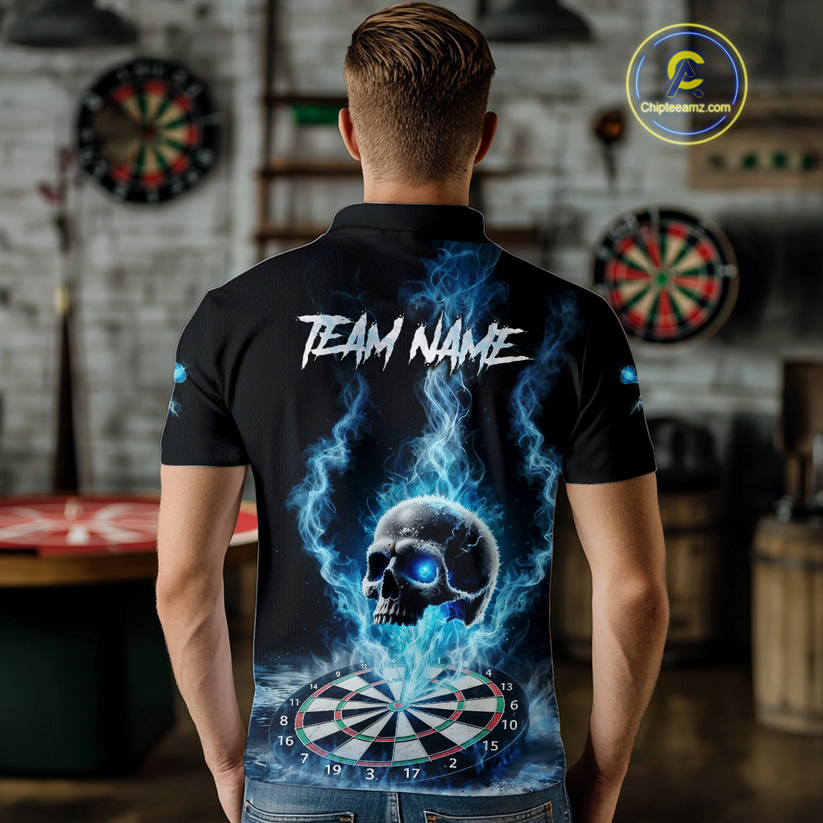 Custom Blue Ice Smoke Skull Dartboard Darts Polo Shirt For Men Dart League Jerseys NYN2122