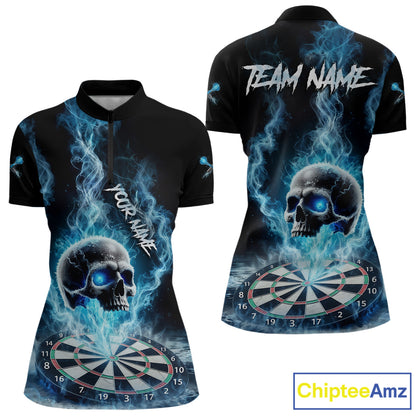 Custom Blue Ice Smoke Skull Dartboard Darts Quarter- Zip Shirt For Women Dart League Jerseys NYN2122
