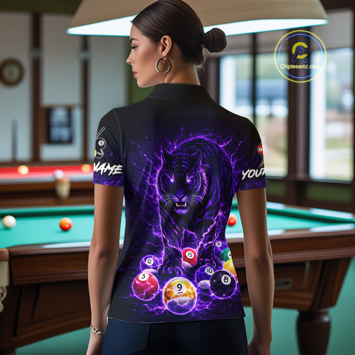 Thunder Purple Horror Tiger Pool Ball Billiard Shirt For Women Custom 8 Ball Billiard Team Attire NYN2629