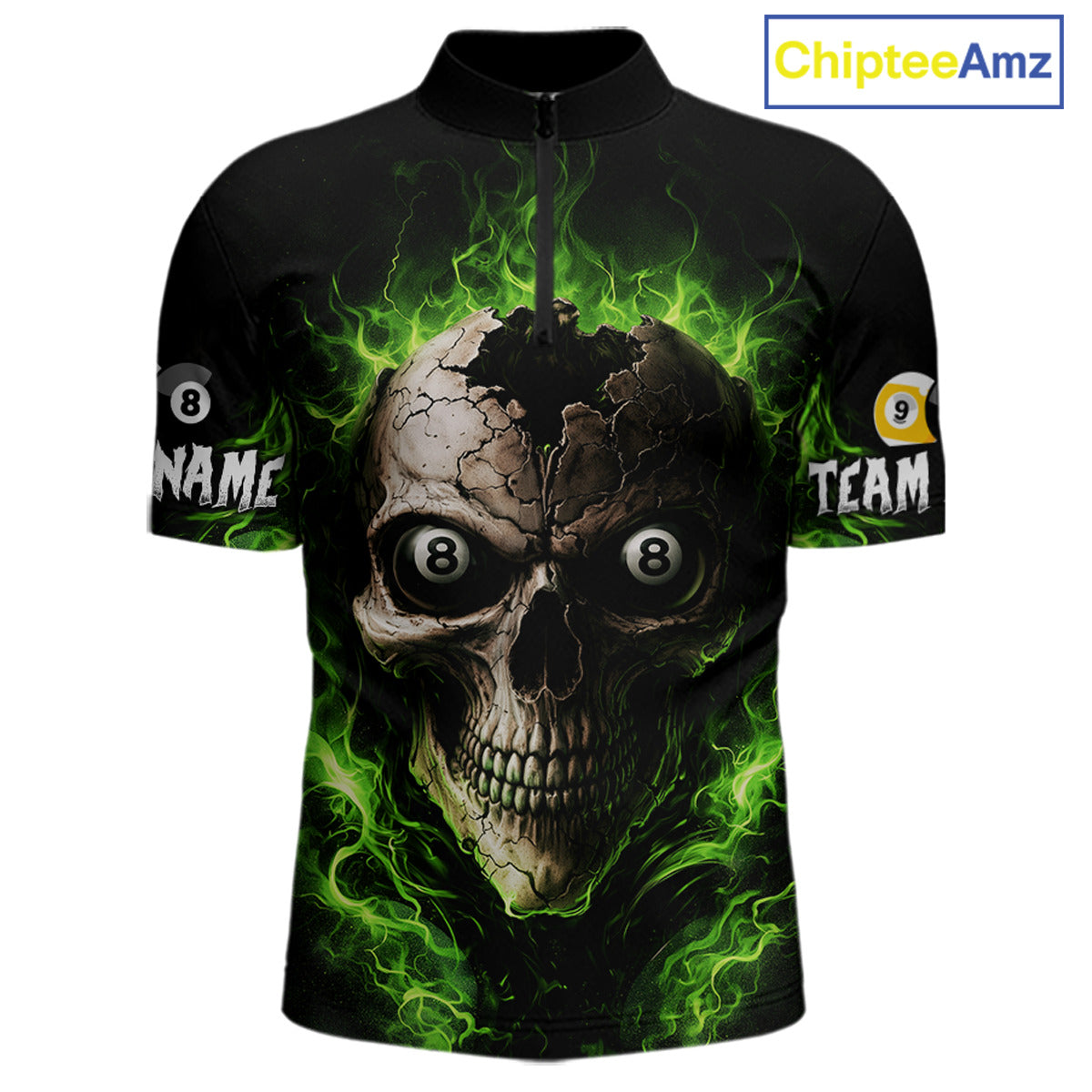 Green Flaming Cracked Skull 8 Ball & 9 Ball Pool Billiard Shirt For Men Custom Billiard Apparel NYN2635