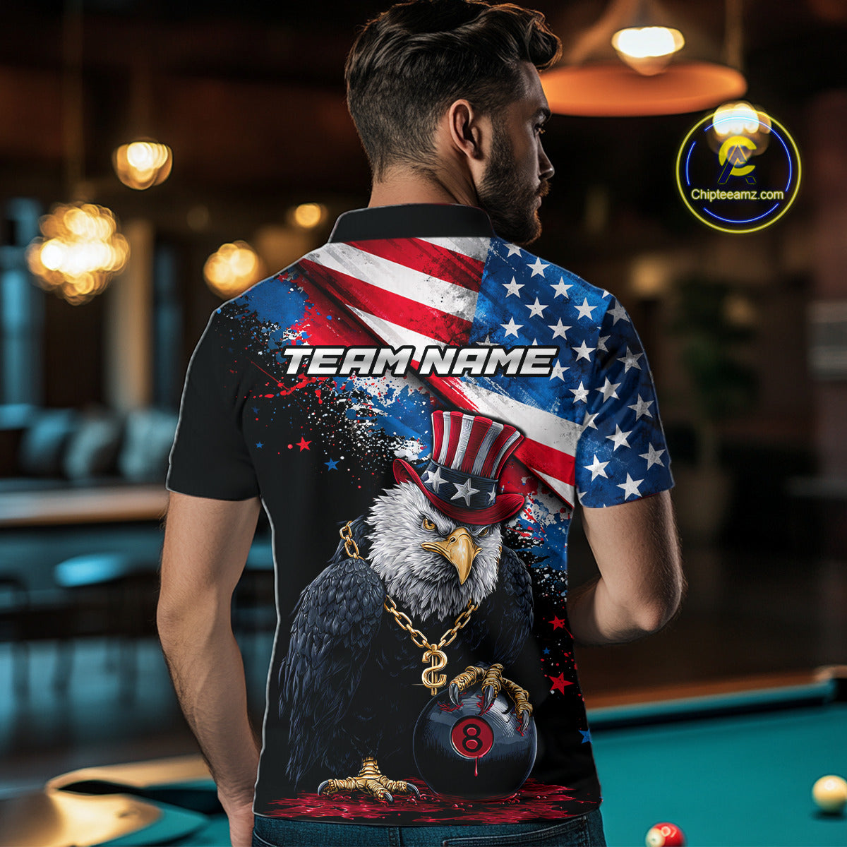 Custom American Flag Splatter Eagle 8 Ball Pool Billiard Shirts For Men Patriotic Billiard Team Jersey NYN2778