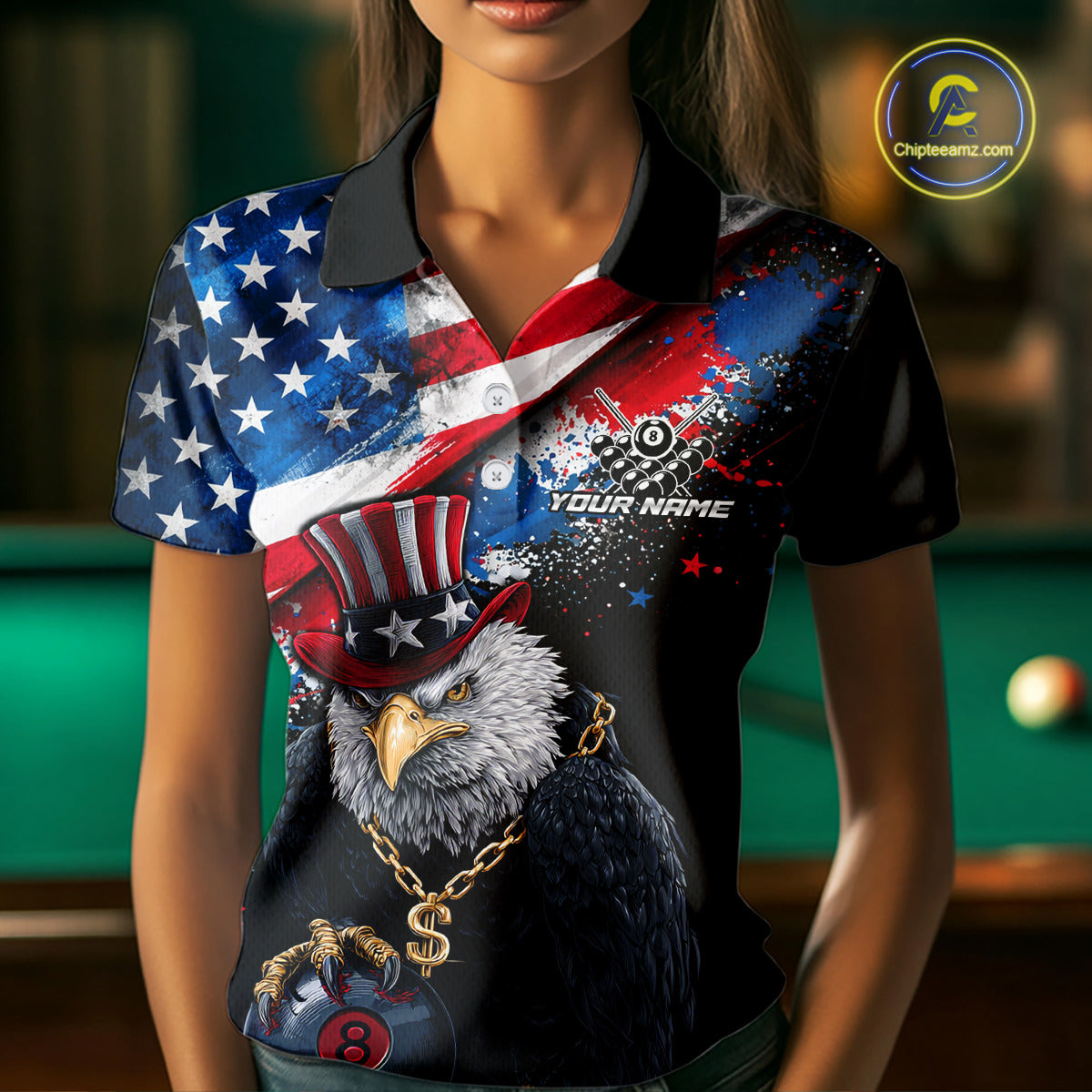 Custom American Flag Splatter Eagle 8 Ball Pool Billiard Shirts For Women Patriotic Billiard Team Jersey NYN2778