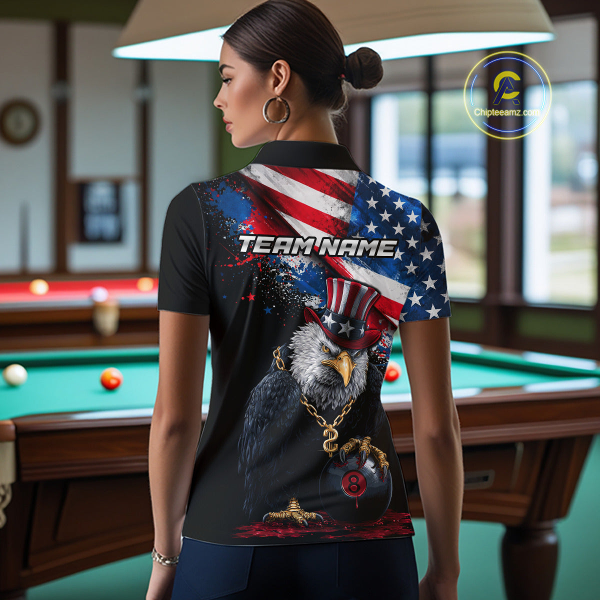 Custom American Flag Splatter Eagle 8 Ball Pool Billiard Shirts For Women Patriotic Billiard Team Jersey NYN2778