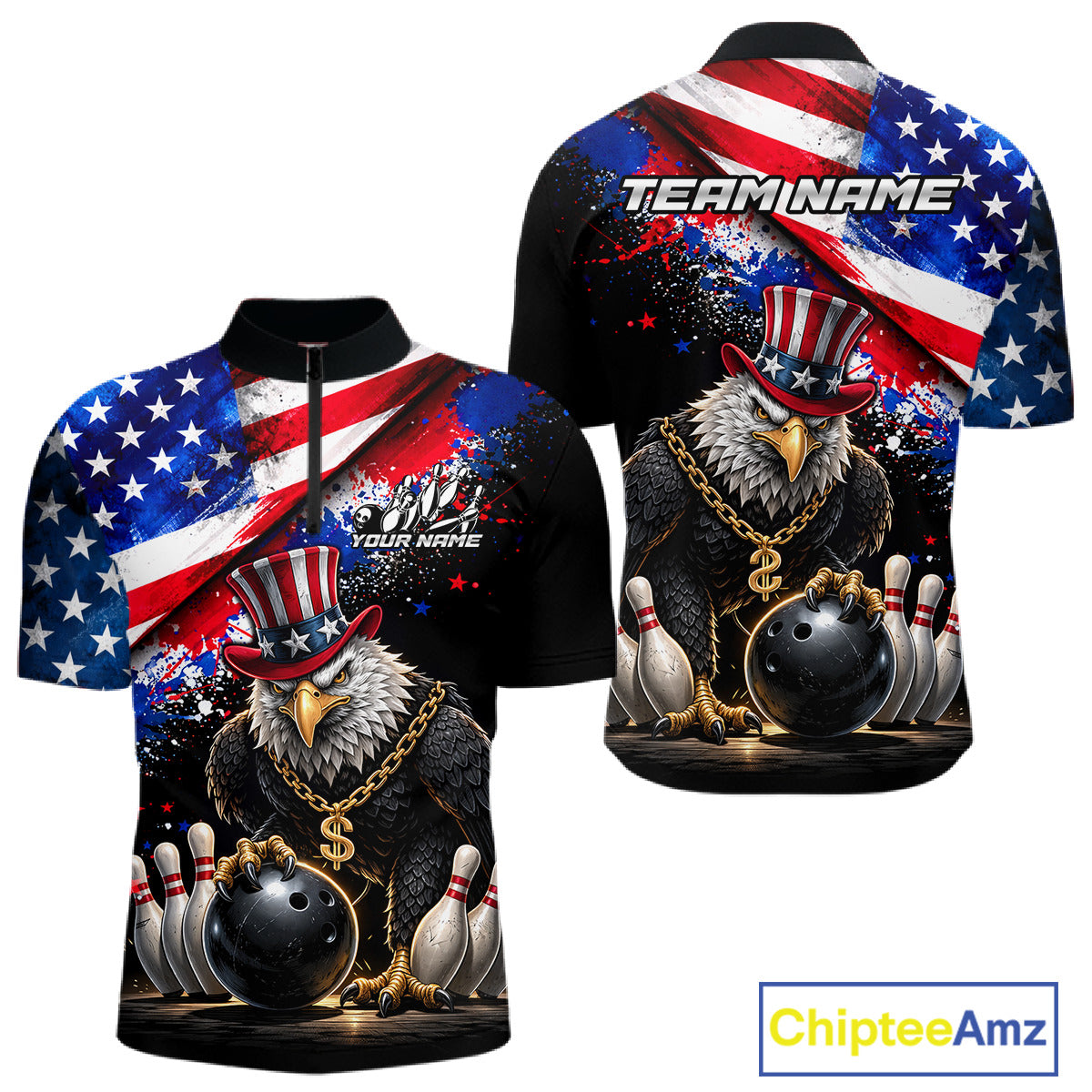 Custom American Flag Splatter Eagle Bowling Team Shirts For Men Patriotic Outfits Bowling Jersey NYN2779