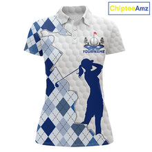 Load image into Gallery viewer, Custom Argyle Pattern Golf Polo Shirts For Women, Blue Argyle Golf Ball White Golf Clothing Shirts NYN2990