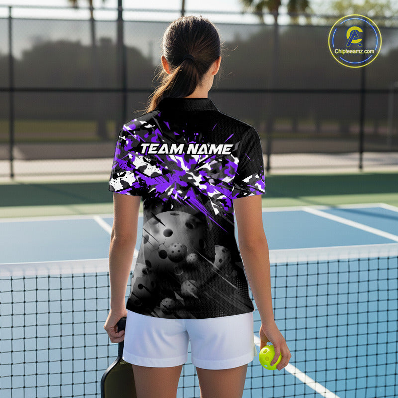 Custom Black & Purple Camo Women Pickleball League Jerseys Grunge Pickleball Paddle Shirts NYN2137