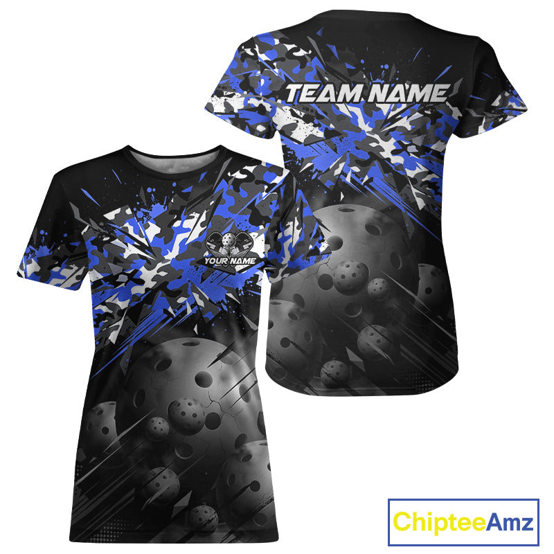 Custom Black & Blue Camo Women Pickleball League Jerseys Grunge Pickleball Paddle Shirts NYN2138