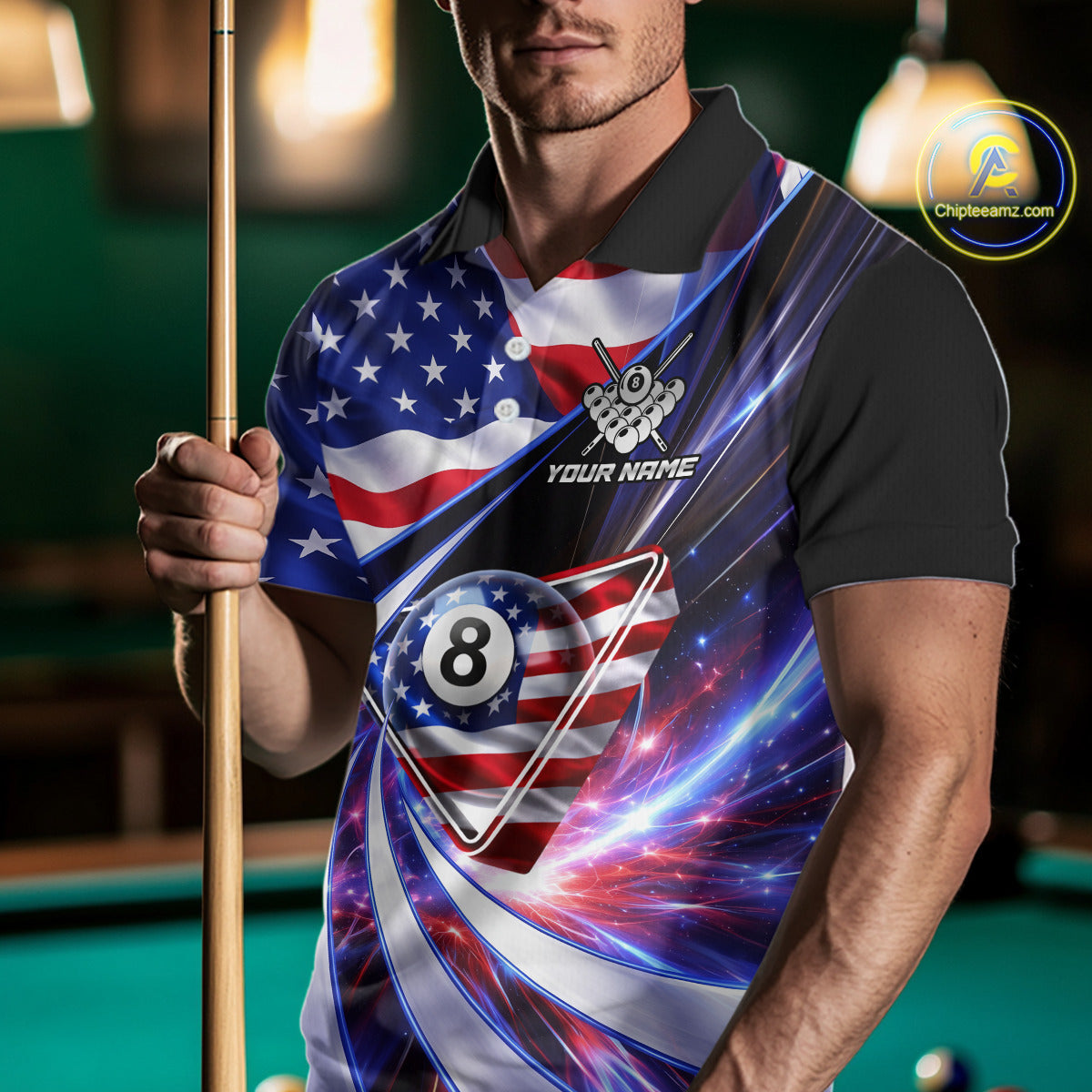 Personalized Colorful Galaxy American Flag 8 Ball Pool Billiard Shirts For Men Billiard Attire Gifts NYN2791