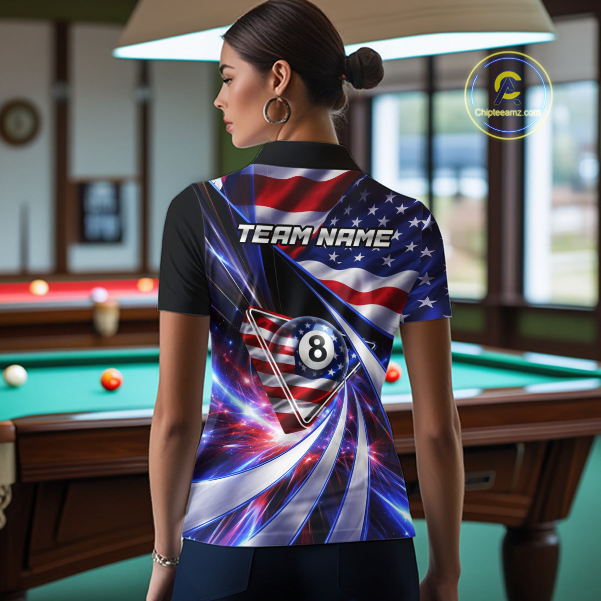 Personalized Colorful Galaxy American Flag 8 Ball Pool Billiard Shirts For Women Billiard Attire Gifts NYN2791