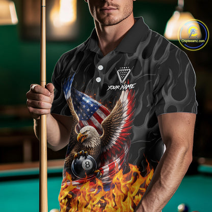 Personalized Fire Flame US Flag Eagle 8 Ball Pool Billiard Shirts For Men Patriotic Billiard Gifts NYN2793
