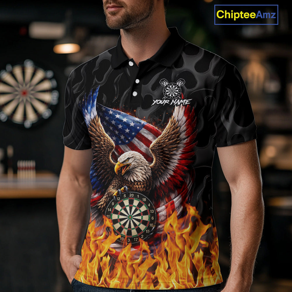 Personalized Fire Flame US Flag Eagle Dart Polo & 1/4-Zip Shirts For Men Patriotic Dart Gifts NYN2795
