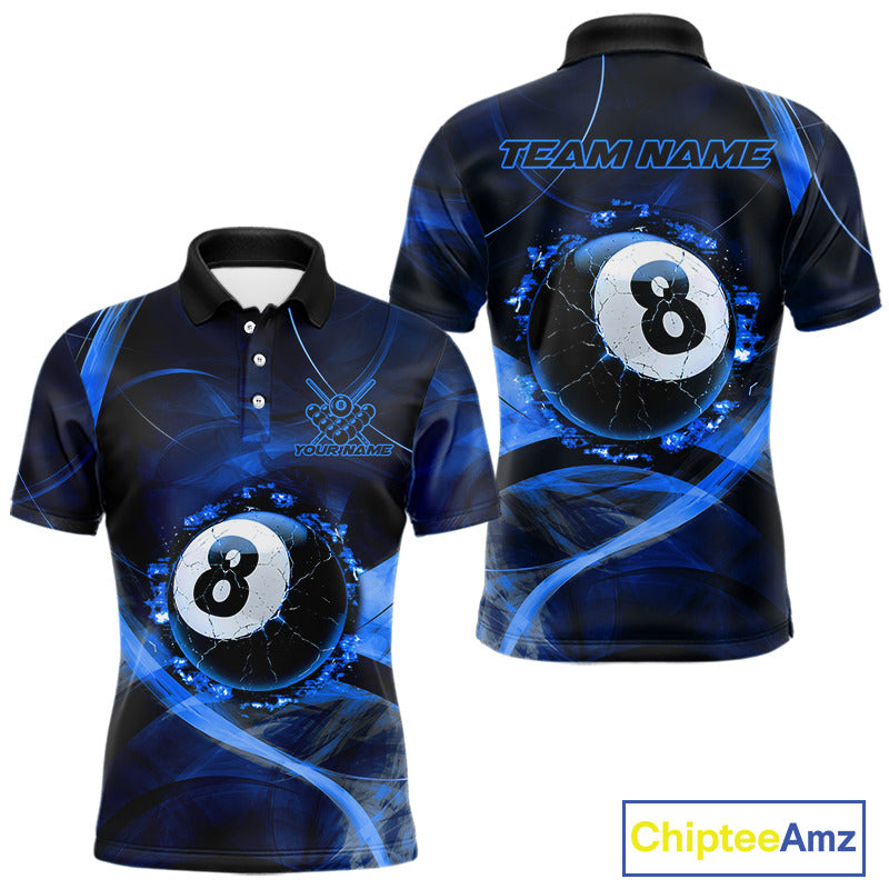 Blue Smoke Cracked 8 Ball Pool Shirt For Men Custom Billiard Polo Quarter Zip Team Jersey