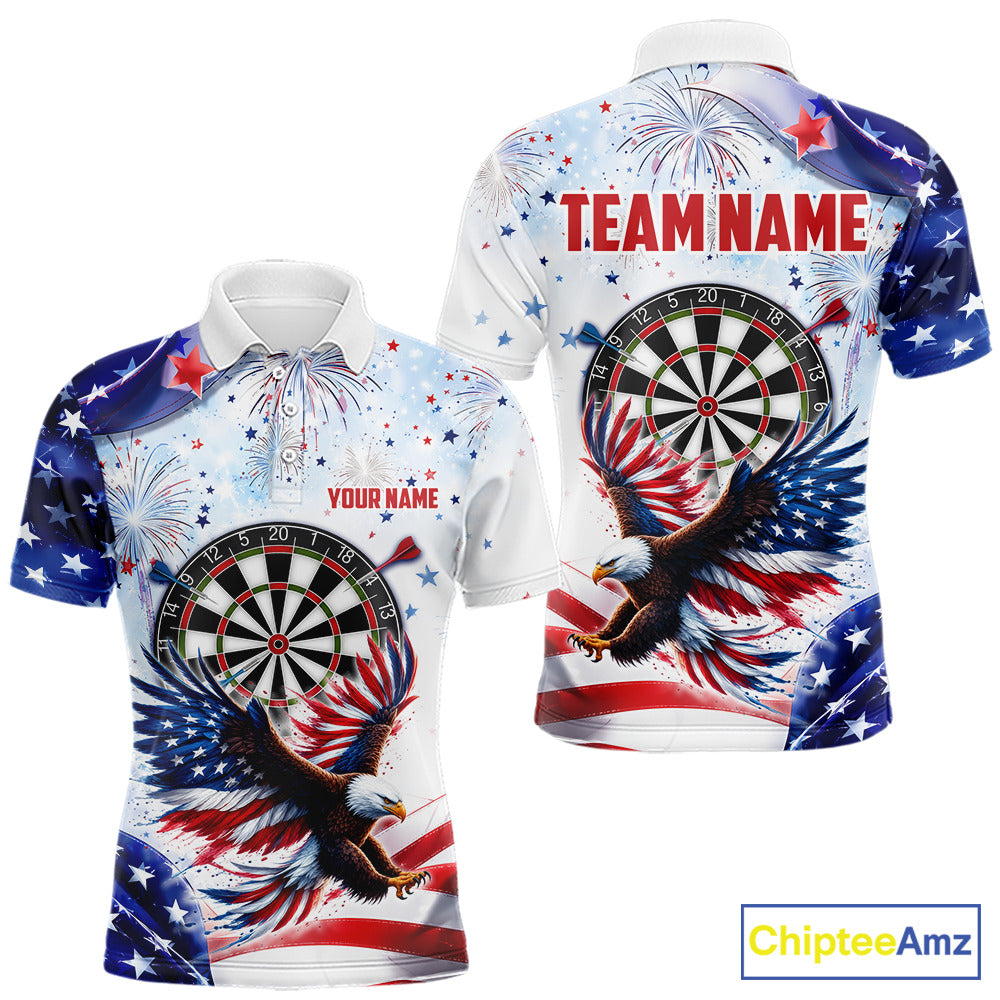 American Flag Eagle men's darts polo with patriotic USA graphics, personalized dart tournament jersey, military appreciation apparel, custom league sportswear