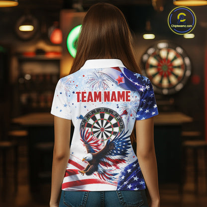 Female model wearing American Flag Eagle darts polo, patriotic women's dart tournament jersey, custom USA league apparel, championship athletic uniform