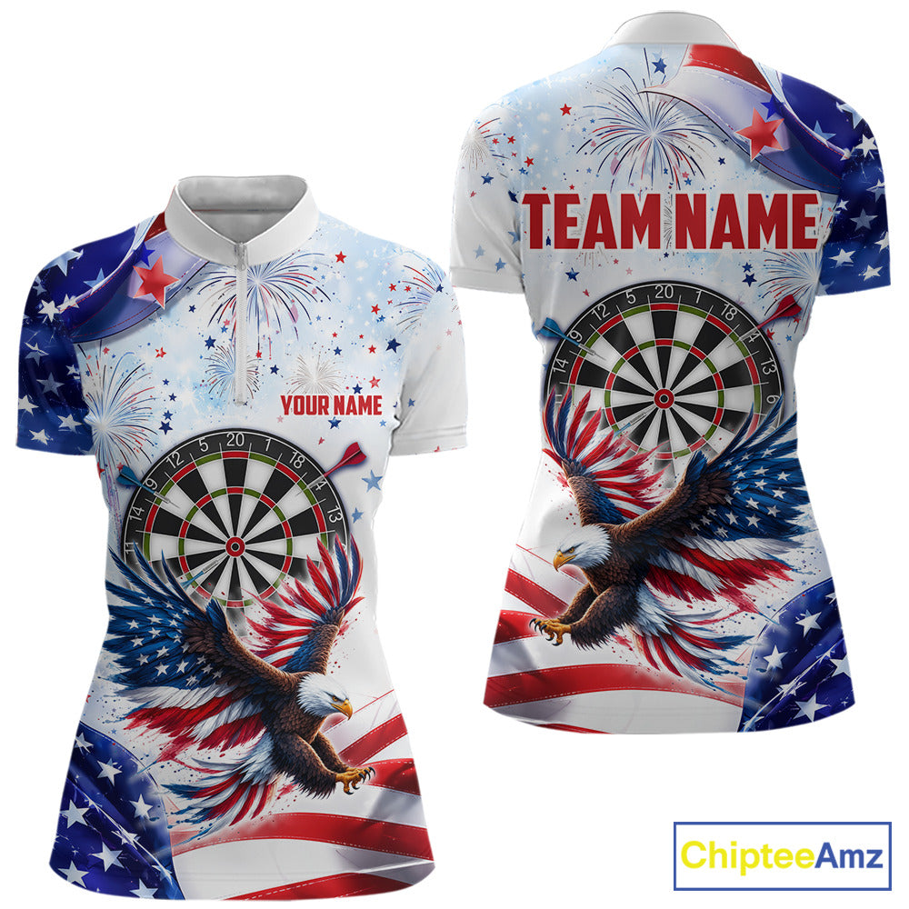 Women's American Flag Eagle quarter-zip darts jersey, patriotic custom tournament shirt, USA dart team apparel, personalized performance clothing