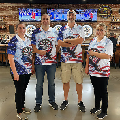 Coordinated American Flag Eagle darts team jerseys for men and women, patriotic USA tournament uniforms, veterans appreciation apparel, custom championship league clothing