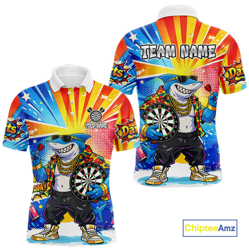 Funny Rich Cool Shark Hold Dartboard Men Darts Polo Shirt Custom Pop Art Dart League Shirt NYN2646
