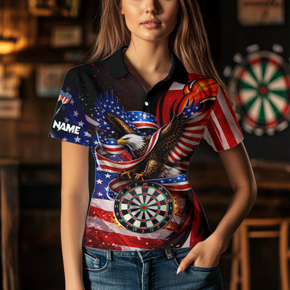 Custom US Flag Funny Eagle Dartboard Darts Women Polo & 1/4-Zip Shirts Patriotic Dart Team Jerseys NYN2805