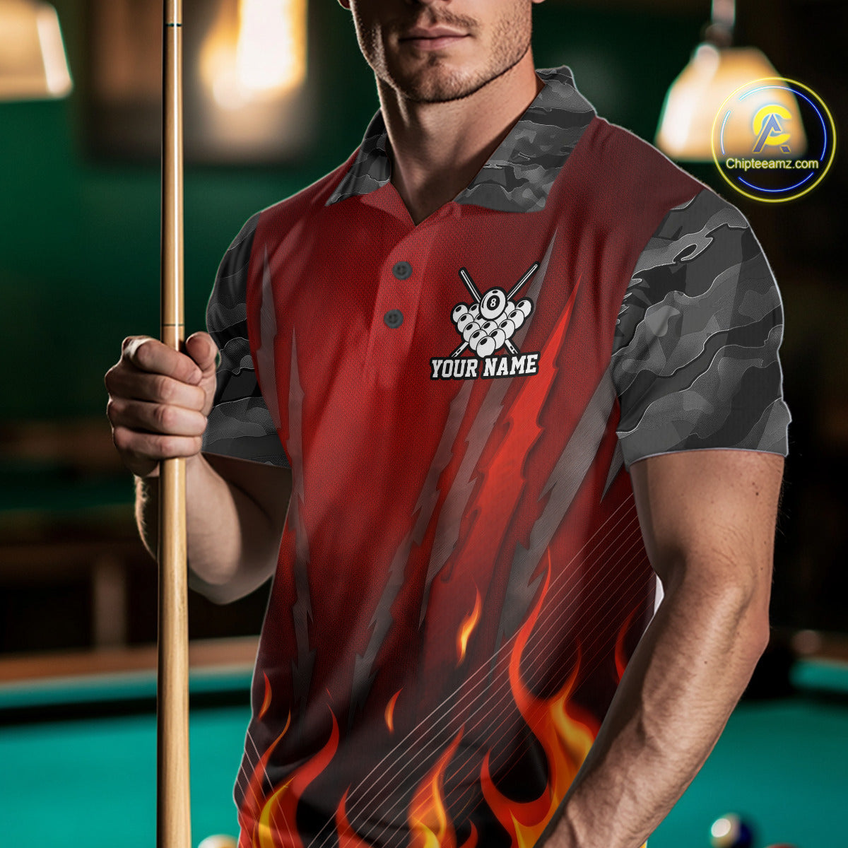 Personalized 8 Ball Red Flames Pool Billiard Polo & 1/4 Zip For Men Custom Camo Billiard Team Jerseys NYN3011