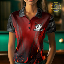 Load image into Gallery viewer, Personalized 8 Ball Red Flames Pool Billiard Polo &amp; 1/4 Zip For Women Custom Camo Billiard Team Jerseys NYN3011