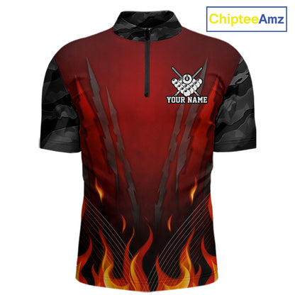 Personalized 8 Ball Red Flames Pool Billiard Polo & 1/4 Zip For Men Custom Camo Billiard Team Jerseys NYN3011