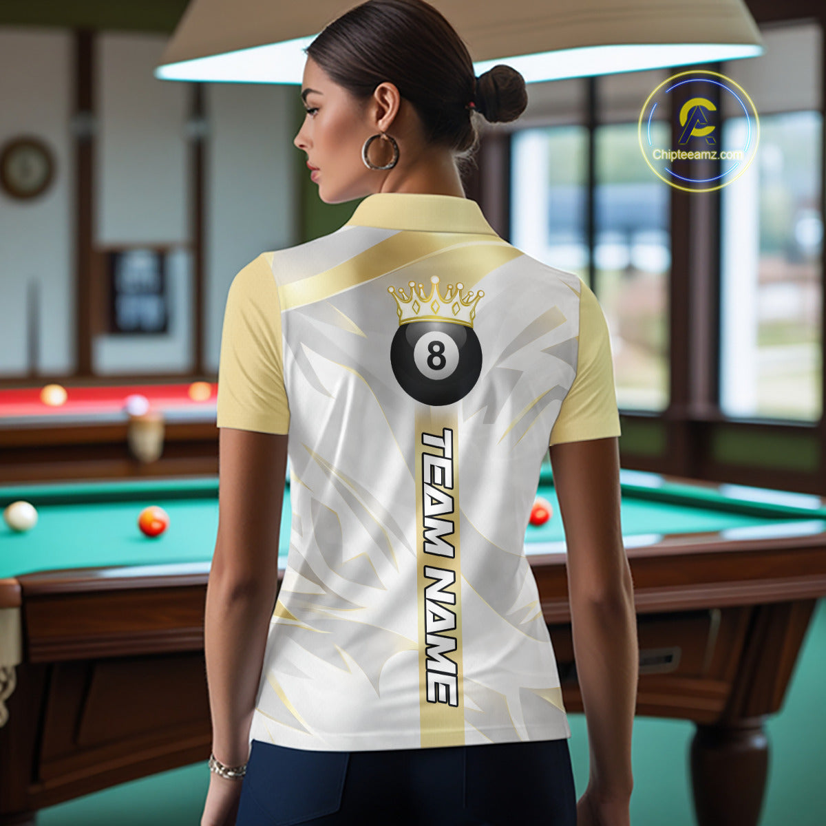 Personalized White And Gold Crown 8 Ball Pool Billiard Polo & 1/4 Zip For Women, Billiard Team Attire NYN3014