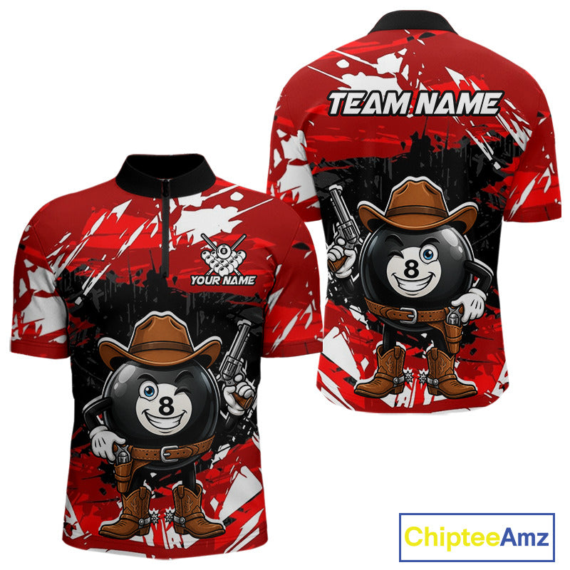 Funny billiard 8 ball cowboy gun shirt for men custom grunge billiard team attire red