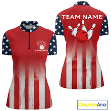 Load image into Gallery viewer, Custom American Flag Bowling Women Polo Quarter-Zip Shirts With Team Name, Patriot Bowlers Outfit NYN3184