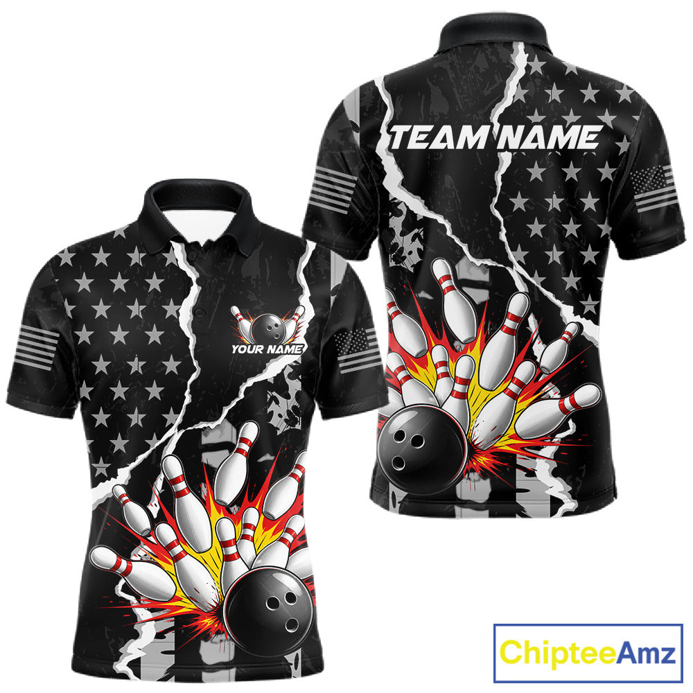 Grunge Black US Flag Strike Bowling Ball & Pins Shirts  For Men Custom Patriot Bowling Team Outfits NYN3186