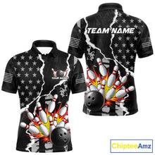 Load image into Gallery viewer, Grunge Black US Flag Strike Bowling Ball &amp; Pins Shirts  For Men Custom Patriot Bowling Team Outfits NYN3186