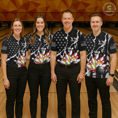 Grunge Black US Flag Strike Bowling Ball & Pins Shirts  For Men Custom Patriot Bowling Team Outfits NYN3186