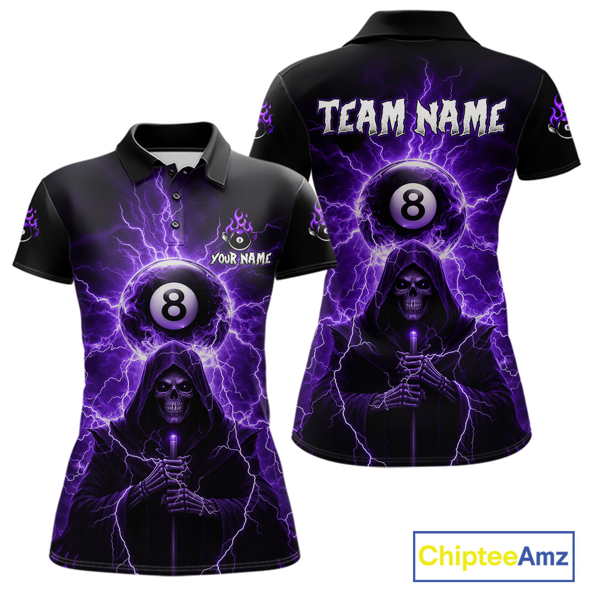 Grim Reaper Thunder Purple 8 Ball Pool Women Polo & 1/4-Zip Shirt Custom Billiards Ball Jerseys NYN2432