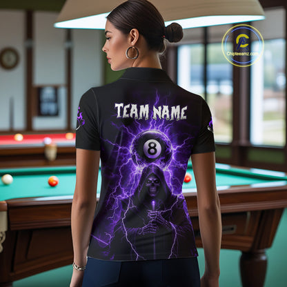 Grim Reaper Thunder Purple 8 Ball Pool Women Polo & 1/4-Zip Shirt Custom Billiards Ball Jerseys NYN2432