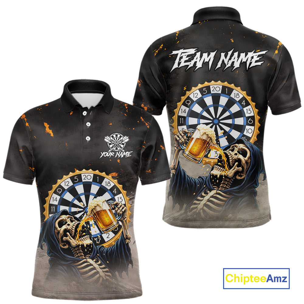 Personalized Funny Grim Reaper Play Darts & Beer Polo & 1/4-Zip Shirts For Men Dart Team Jerseys NYN2815