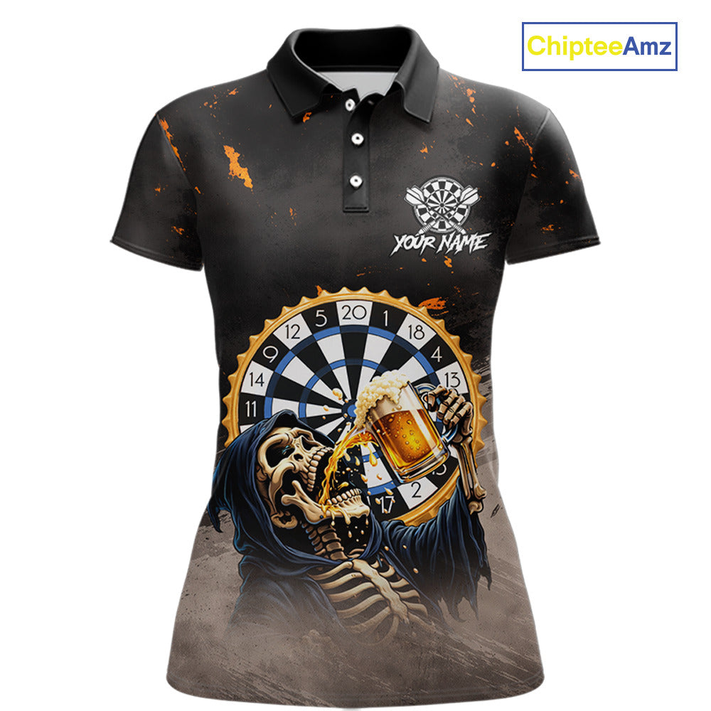 Personalized Funny Grim Reaper Play Darts & Beer Polo & 1/4-Zip Shirts For Women Dart Team Jerseys NYN2815