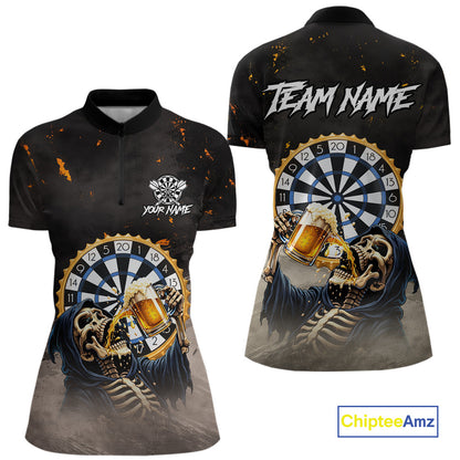 Personalized Funny Grim Reaper Play Darts & Beer Polo & 1/4-Zip Shirts For Women Dart Team Jerseys NYN2815