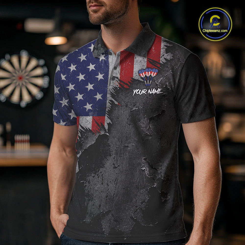 Male model wearing American Flag Eagle Darts Polo, Personalized USA Tournament Apparel