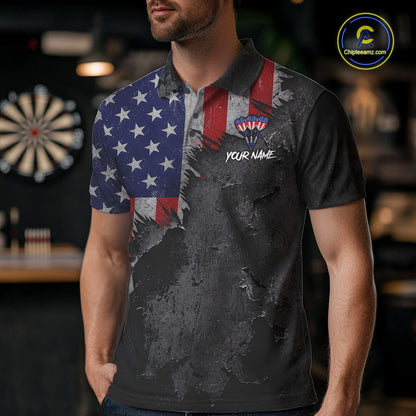 Male model wearing American Flag Eagle Darts Polo, Personalized USA Tournament Apparel