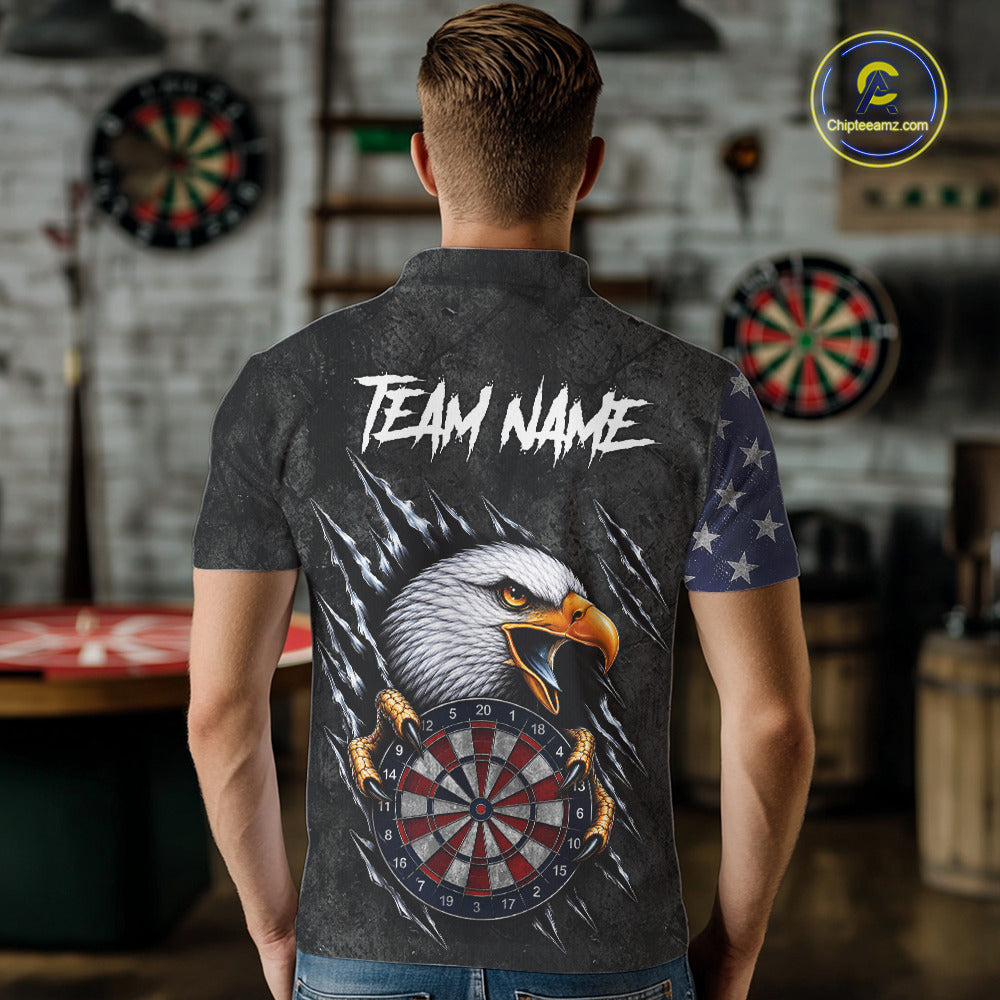 Male model wearing American Flag Eagle Darts Polo, Personalized USA Tournament Apparel