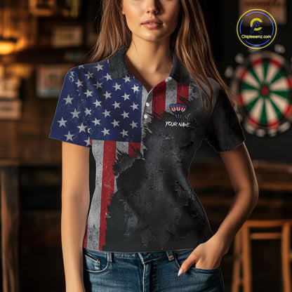 Female model wearing American Flag Eagle Women's Darts Polo, Custom League Jersey